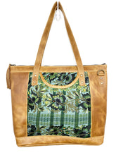 Load image into Gallery viewer, MoonLake Designs Olivia Large Tote Bag in light tan handcrafted leather backview with mesmerizing floral huipil design in shades of greens and leather tassel zipper closure with metal hardware