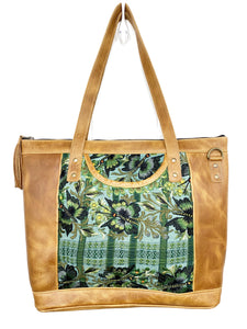 MoonLake Designs Olivia Large Tote Bag in light tan handcrafted leather backview with mesmerizing floral huipil design in shades of greens and leather tassel zipper closure with metal hardware