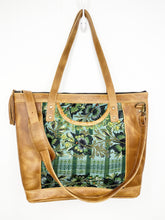 Load image into Gallery viewer, MoonLake Designs Olivia Large Tote Bag in light tan handcrafted leather close up of handwoven green floral huipil design and adjustable shoulder strap