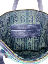 Load image into Gallery viewer, MoonLake Designs Olivia Large Tote Bag inside view of cloth interior, leather pocket with magnetic closure, and open pockets