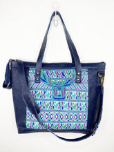 Load image into Gallery viewer, MoonLake Designs Olivia Large Tote Bag in textured navy blue handcrafted leather close up of handwoven floral huipil design and adjustable shoulder strap