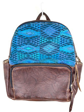 Load image into Gallery viewer, MoonLake Designs handmade Paloma small backpack in Textured Dark Chocolate Leather with eye catching handwoven blue huipil design covering front top