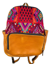Load image into Gallery viewer, MoonLake Designs handmade Paloma small backpack in Pear Tan Leather with eye catching handwoven warm colors huipil design covering front top