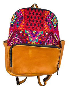 MoonLake Designs handmade Paloma small backpack in Pear Tan Leather with eye catching handwoven warm colors huipil design covering front top