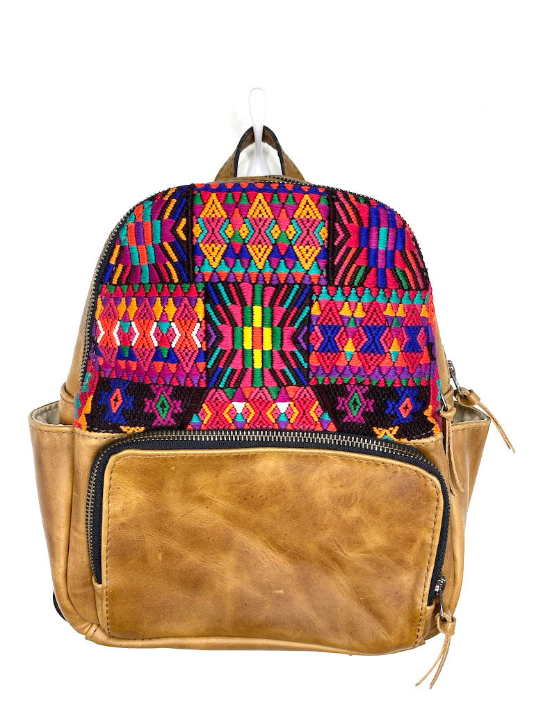 MoonLake Designs handmade Paloma small backpack in Light Tan Leather with eye catching handwoven warm colors mayan huipil design covering front top