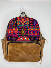 Load image into Gallery viewer, MoonLake Designs handmade Paloma small backpack in Light Tan Leather with eye catching handwoven warm colors huipil design covering front top