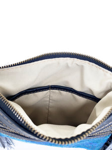 MoonLake Designs Penelope Flecos bag inside view of zippered bag closure and twin open pockets