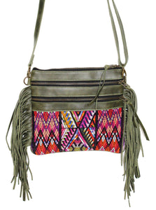 MoonLake Designs Penelope Flecos crossbody bag with fringe in green leather, 3 zipper compartments, and geometric huipil design