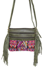 Load image into Gallery viewer, MoonLake Designs Penelope Flecos crossbody bag with fringe in green leather, 3 zipper compartments, and geometric huipil design