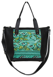 MoonLake Design Renata medium crossbody bag in black leather and captivating huipil design of birds and flowers in different shades of green