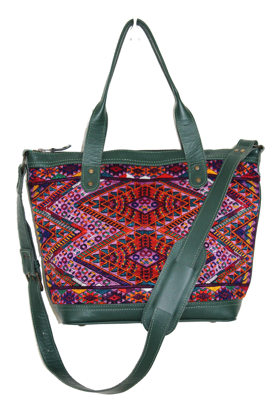 MoonLake Design Renata medium crossbody bag in dark green leather and captivating geometric huipil