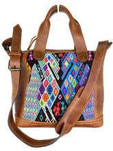 Load image into Gallery viewer, MoonLake Designs handmade Renata Medium Maleta Bag in Dark Tan with multiple colors geometric and symmetrical huipil design