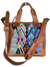 Load image into Gallery viewer, MoonLake Designs handmade Renata Medium Maleta Bag in Dark Tan with multiple colors geometric and symmetrical huipil design