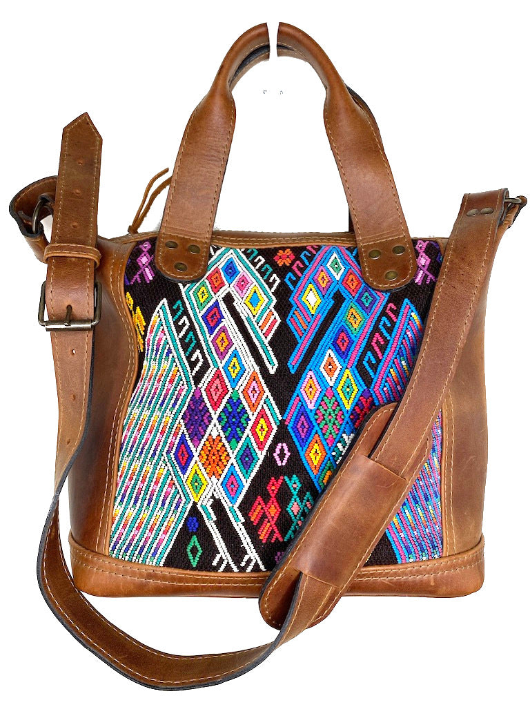MoonLake Designs handmade Renata Medium Maleta Bag in Dark Tan with multiple colors geometric and symmetrical huipil design