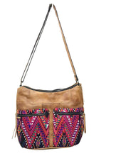 Load image into Gallery viewer, MoonLake Designs Rosa Crossbody in light tan leather with pink geometric huipil design on double zippered outer pockets and adjustable cross body strap
