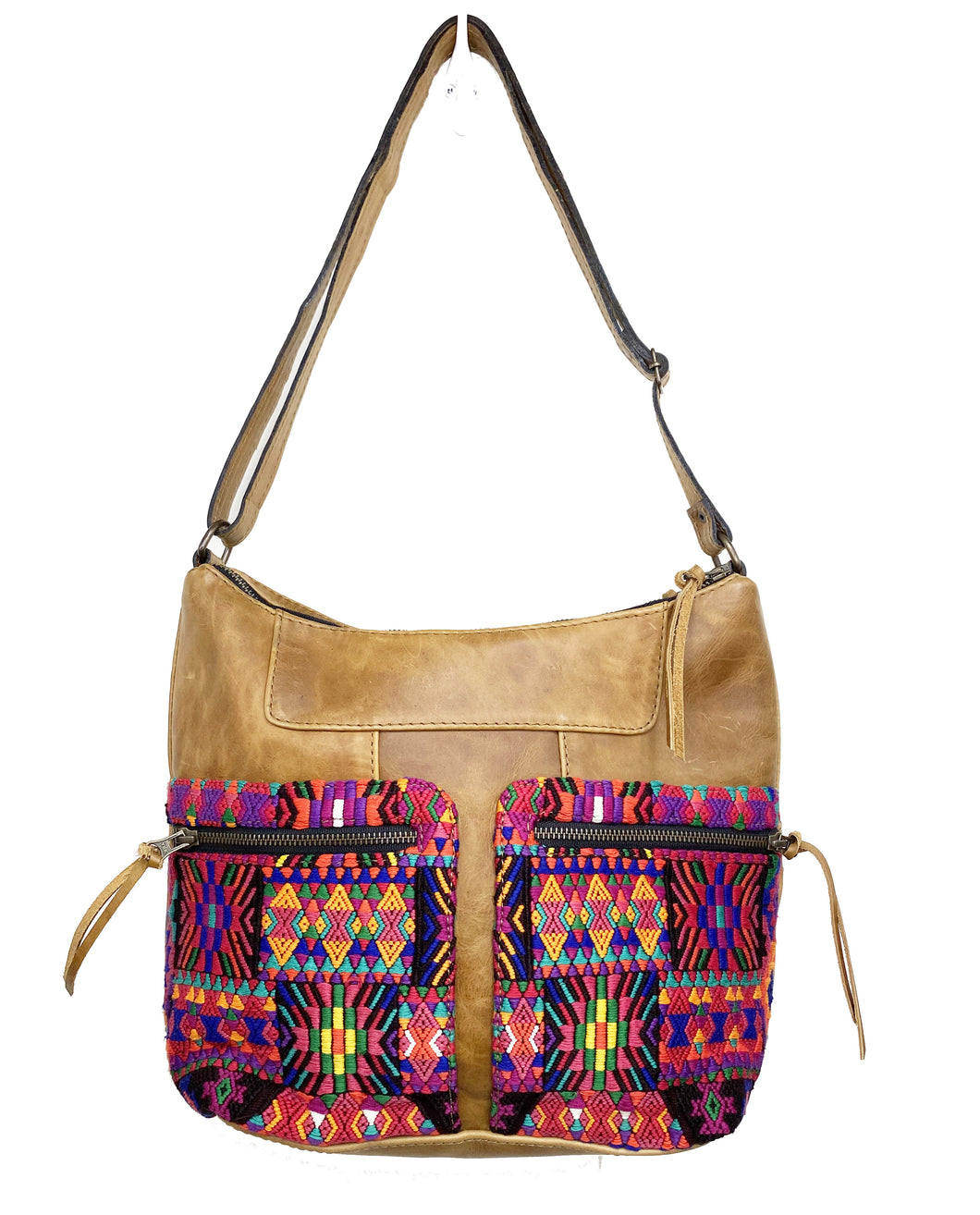 MoonLake Designs Rosa Crossbody in light tan leather with southwestern colors geometric huipil design on double zippered outer pockets and adjustable cross body strap