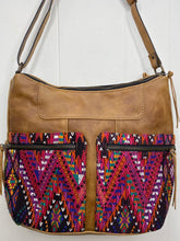 Load image into Gallery viewer, MoonLake Designs Rosa Crossbody in light tan leather with pink huipil design on double zippered outer pockets close up view