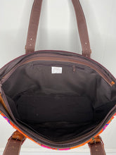 Load image into Gallery viewer, MoonLake Designs Small over the shoulder tote in brown leather inside view of dark cotton liner and zippered pocket
