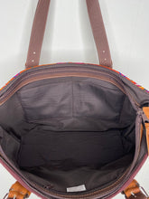 Load image into Gallery viewer, MoonLake Designs Small over the shoulder tote in brown leather inside view of dark cotton liner and open pockets