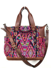 Load image into Gallery viewer, MoonLake Designs handmade Gabriella Large Convertible Day Bag in Dark Tan Leather with multi-color handwoven huipil designs inlcuding pinks yellow orange and red