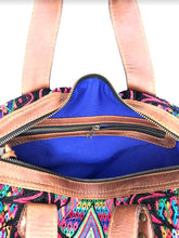 Load image into Gallery viewer, MoonLake Designs handmade Gabriella Large Convertible Day Bag in Dark Tan Leather close up of inside view rich blue liner and zippered pocket