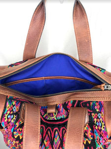 MoonLake Designs handmade Emma Large Convertible Day Bag in Dark Tan Leather and huipil design with rich blue lining interior