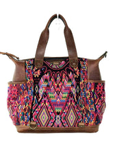 Load image into Gallery viewer, MoonLake Designs handmade Gabriella Large Convertible Day Bag in Dark Tan Leather with multi-color handwoven huipil designs inlcuding pinks yellow orange and red