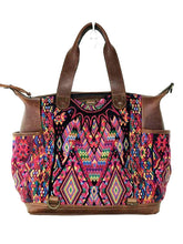 Load image into Gallery viewer, MoonLake Designs handmade Gabriella Large Convertible Day Bag in Dark Tan Leather with multi-color handwoven huipil designs inlcuding pinks yellow orange and red