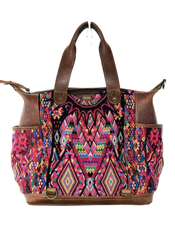 MoonLake Designs handmade Gabriella Large Convertible Day Bag in Dark Tan Leather with multi-color handwoven huipil designs inlcuding pinks yellow orange and red