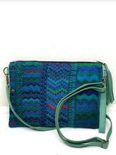 Load image into Gallery viewer, MoonLake Designs Lola small bag and clutch in teal leather with handwoven textile featuring different shades of blue and teal