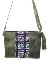 Load image into Gallery viewer, MoonLake Designs Candy small bag and clutch in dark green leather with handwoven textile featuring different wild birds in many different colors and leather tassel 