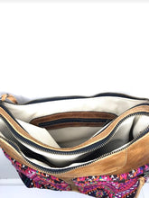 Load image into Gallery viewer, MoonLake Designs Rosa Crossbody interior shot of double zippered compartments and inner zippered compartment with light beige lining
