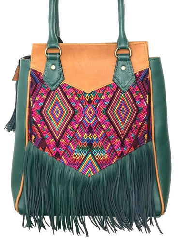 Stunning MoonLake Designs Luna Over the Shoulder Tote with Fringe bag in Dark Green and Pear Tan leather with dark green leather fringe and teal green interior lining and mesmerizing handwoven huipil design